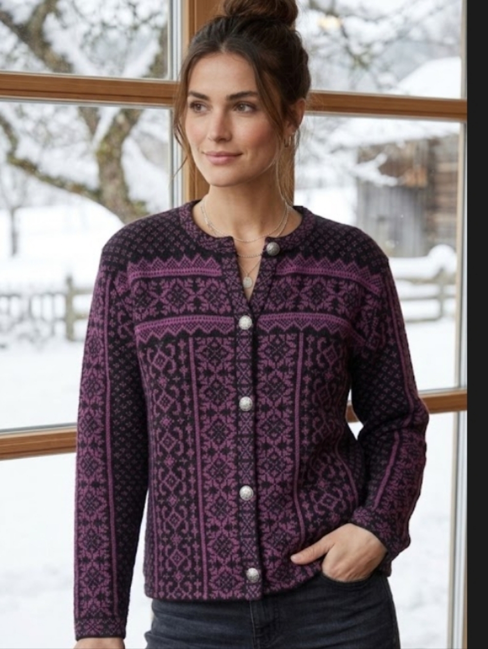 Skyr Black and Purple Fair Isle Print Wool‎ Cardigan Large